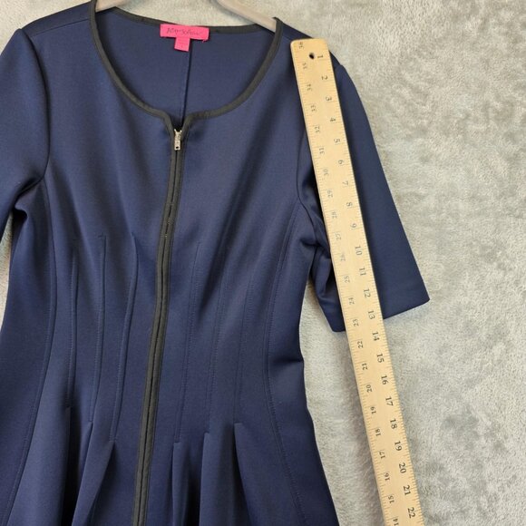 Betsey Johnson Dress Womens 6 Navy Blue Fit Flare Zip Front Short Sleeve Midi - Picture 4 of 10